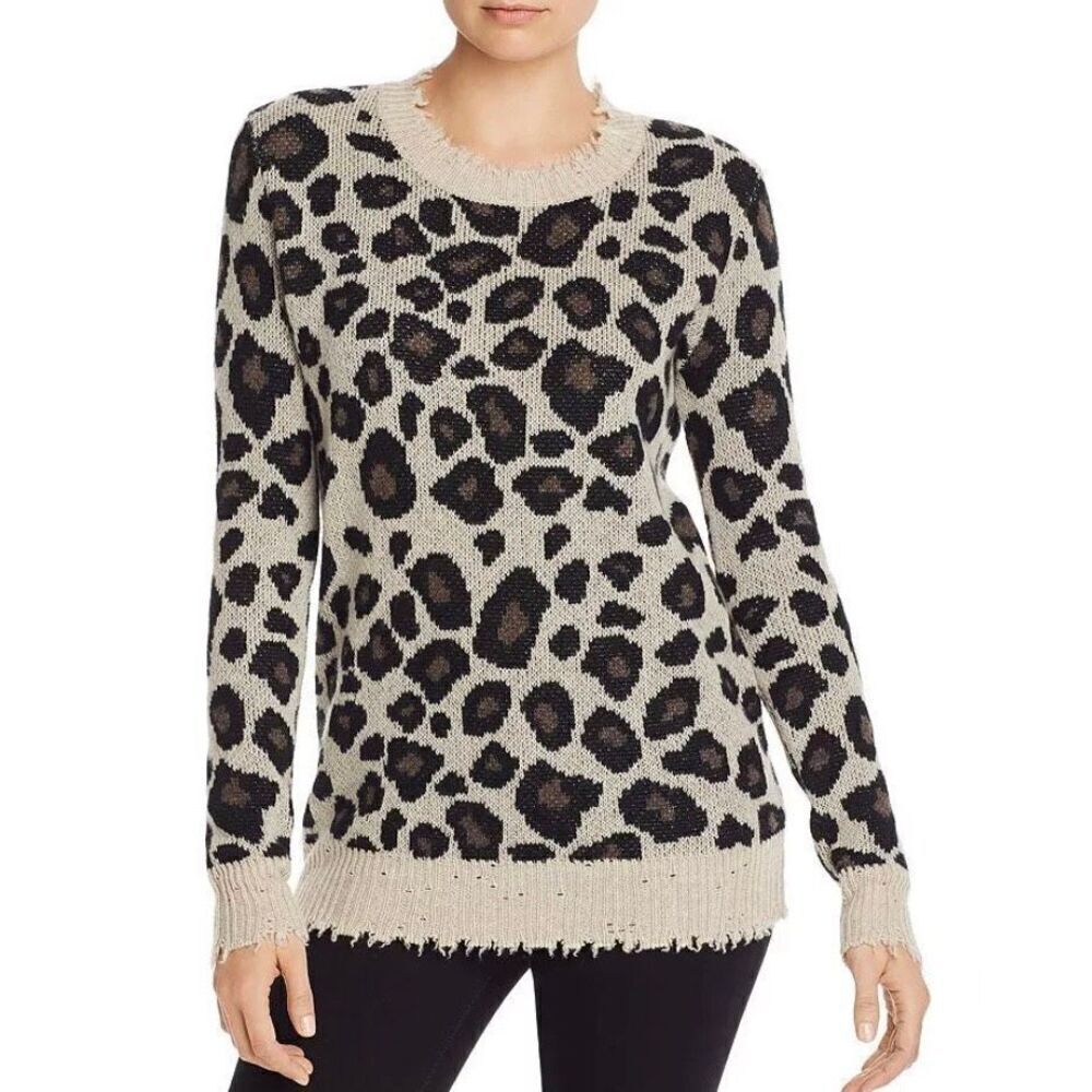 Aqua Leopard Print Cashmere Distressed Mock-Neck Sweater size M